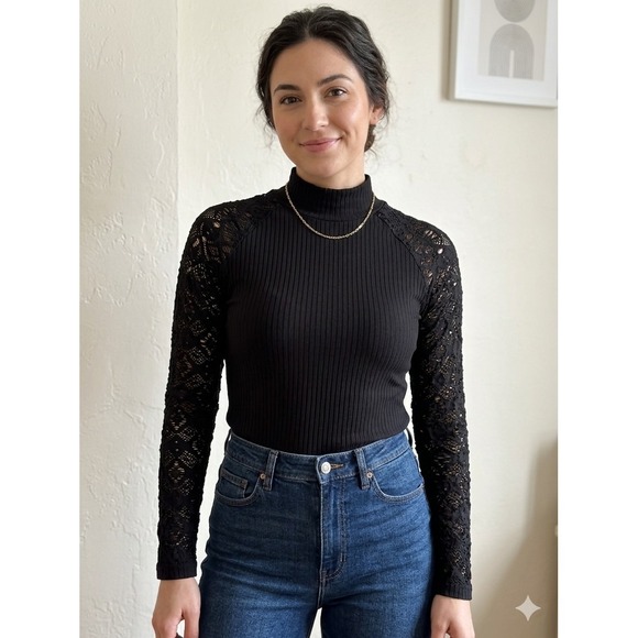 Nikibiki Tops - Nikibiki Womens Mock Neck Ribbed Lace Long Sleeve Top Black O/S